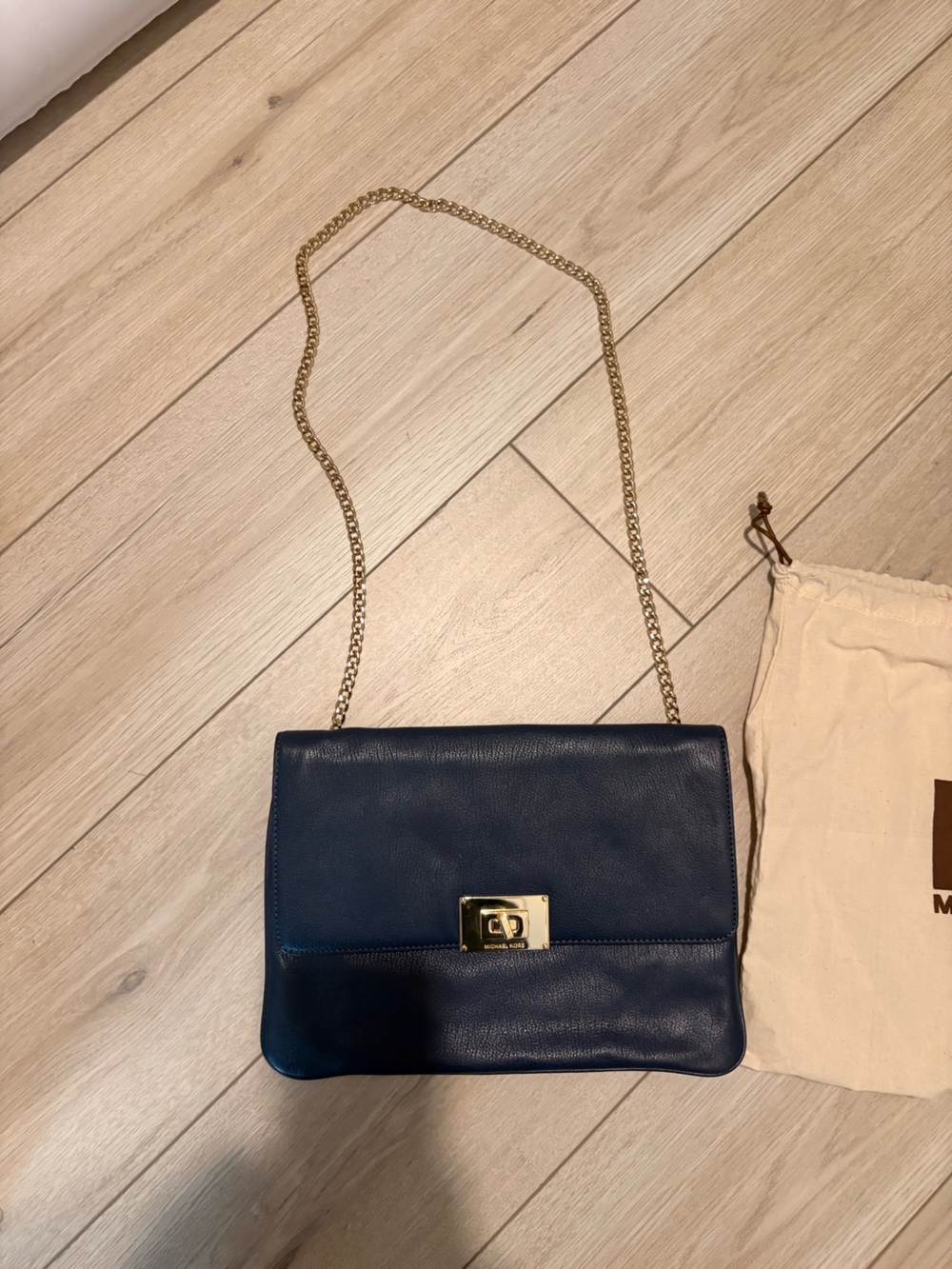 Michael Kors Navy Leather Crossbody with Gold Chain